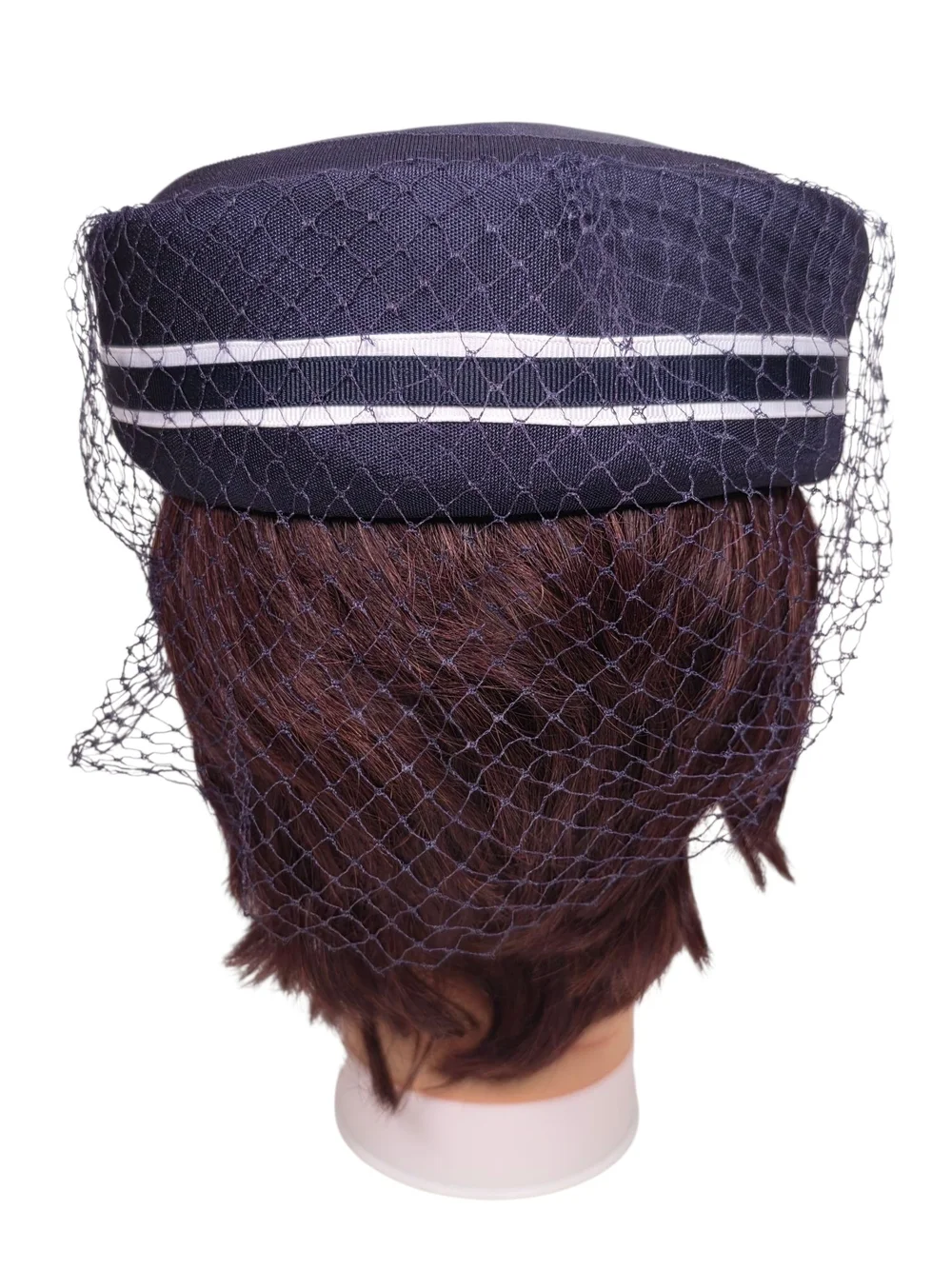 Vintage 1960s Navy Blue Pillbox Hat Veil Netting Bow Union Made USA Mid Century